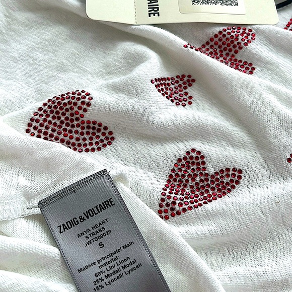 ZADIG & VOLTAIRE ANYA HEART LINEN SHORT SLEEVE T WHT RED CRYSTAL HEARTS SMALL - Picture 7 of 7